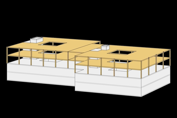 Visualization of a two-story addition to the existing floor plan. Columns, slabs, finished